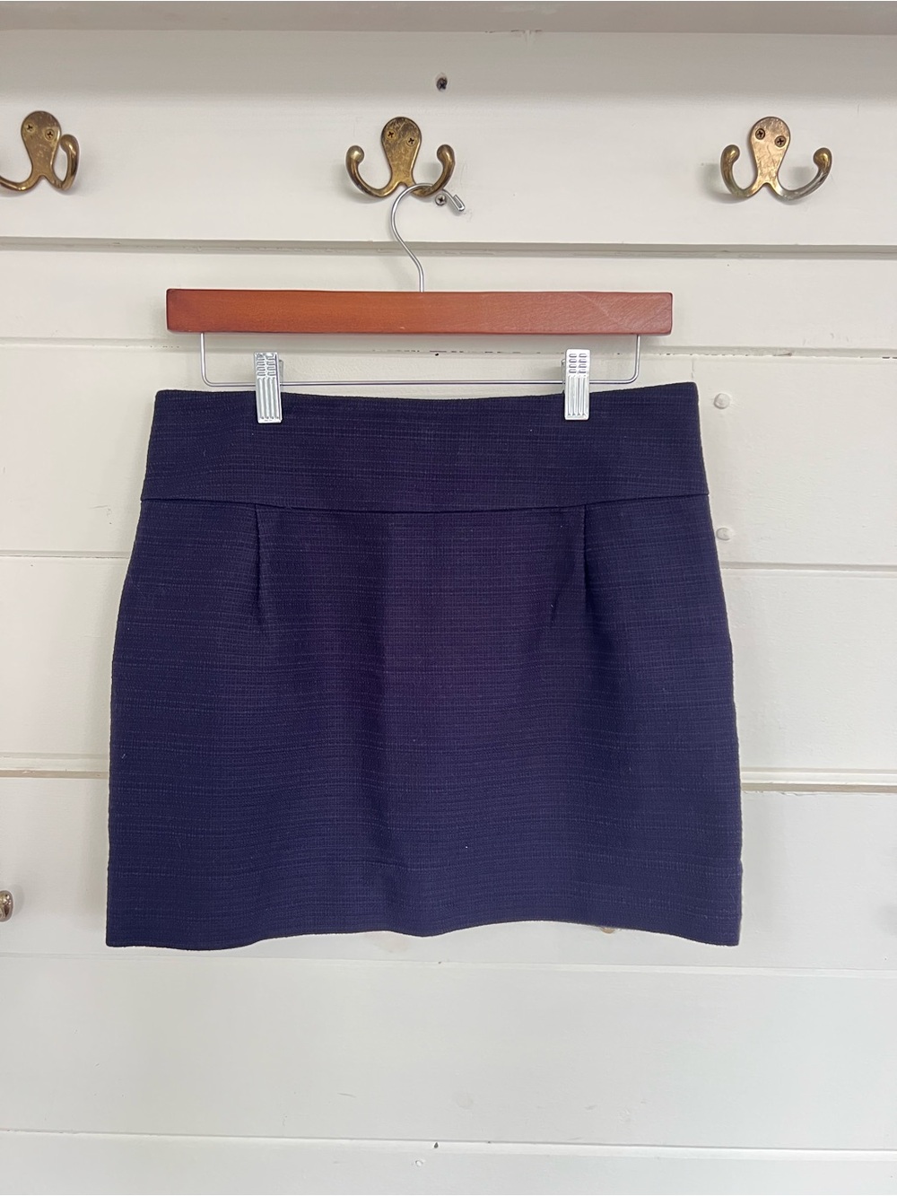 J. Crew Navy Tailored Mini Skirt. Size 4. Wide band. Straight silhouette.